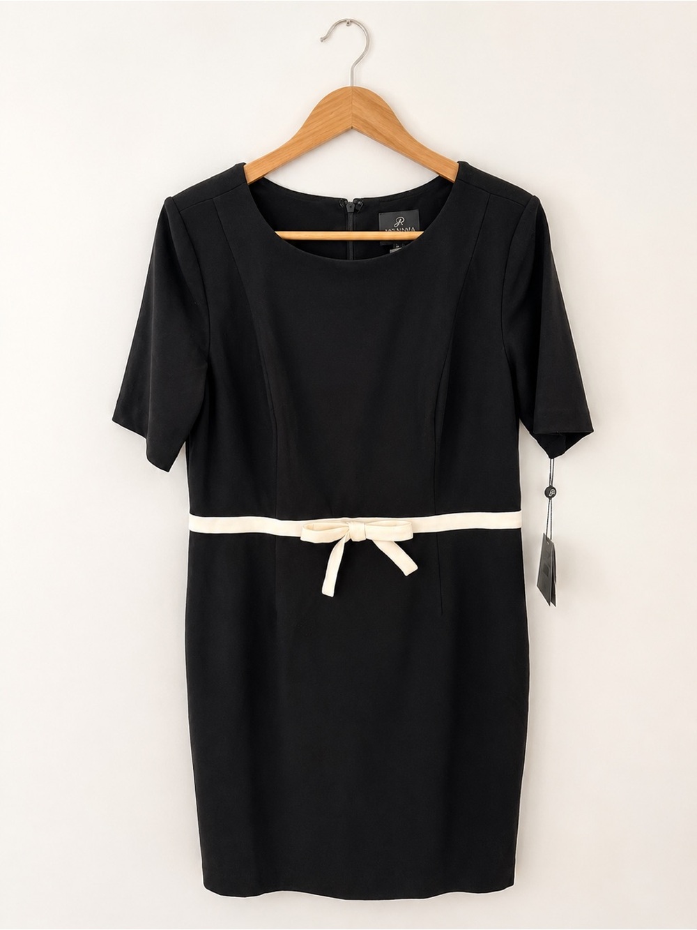 Adrianna Papell Classic Black Sheath Dress with Cream Belt Size 14
